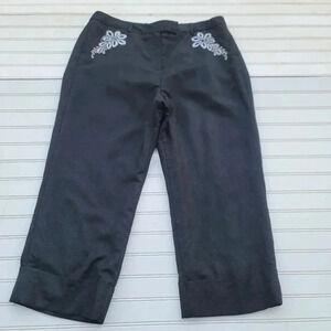 Larry Levine Cropped Pants Black Linen Blend Fully Lined Flower Embroidery Sz 14
